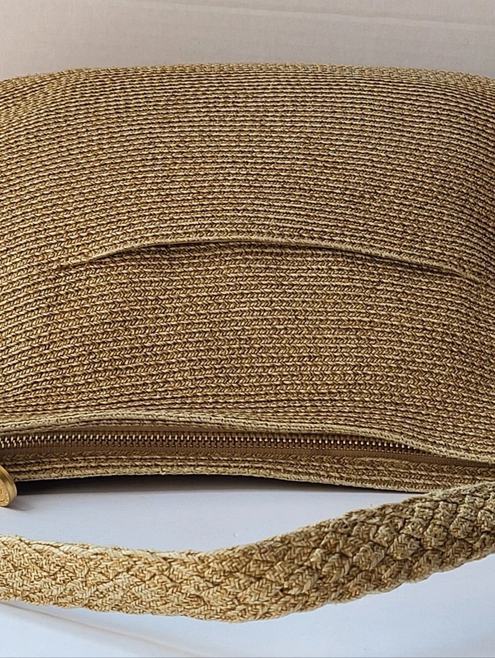 Eric Javits Squishee Tan Woven Hobo Shoulder Bag Gold Ring EUC